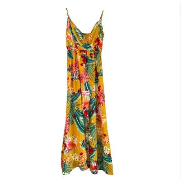 Mustard Yellow Palm Leaf Floral Maxi Dress Spaghetti Strap Front Slit XS - Picture 1 of 9